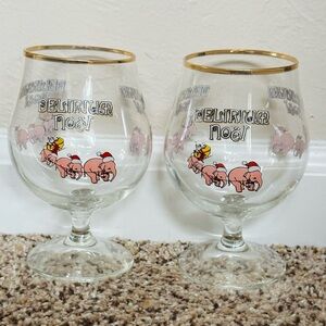 NEW Delirium Noel pair of 2 gold rim chalice Belgian Ale Christmas beer glasses